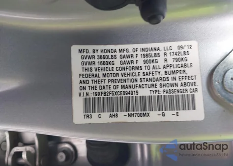 2012 Honda Civic Lx from USA, damaged, VIN 19XFB2F5XCE094919